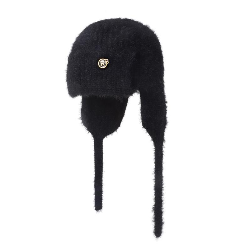 Women's Winter Autumn Faux Mink Fur Solid Color Ribbon Ear Flap Beanie Warm Knitted Lei Feng Hat Versatile for Students