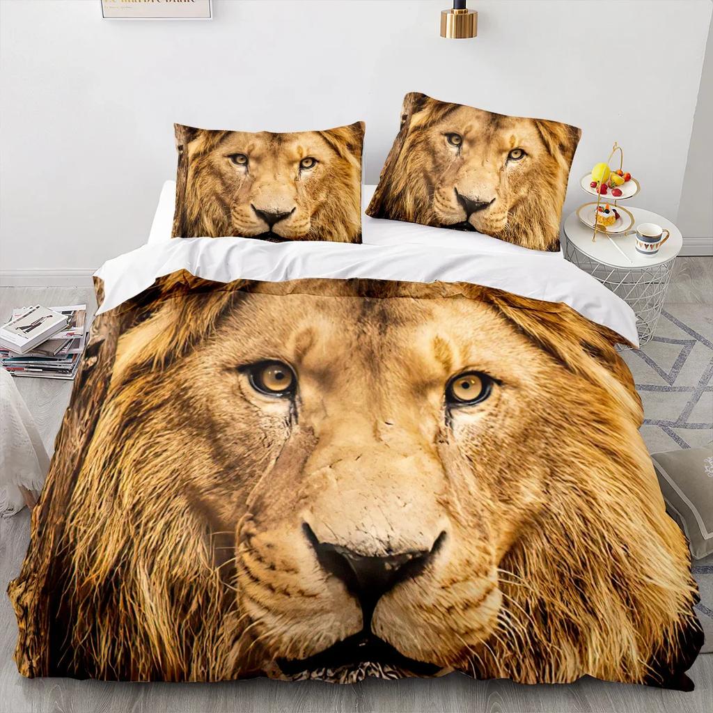 3PCS Lion Bedding Set Cool Animal Bed Linen Home Decor Single Double Twin Size For Boys Girls Kids Adults Lion Duvet Cover Set