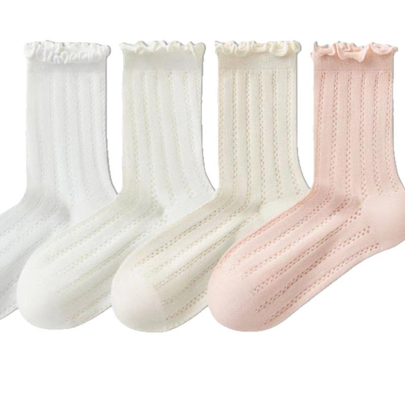 5 Pairs Ballet Style Hollow Mesh Wooden Ear Lace Socks Summer Thin Section of Boneless Mid-calf Socks Candy-coloured Stacked Socks