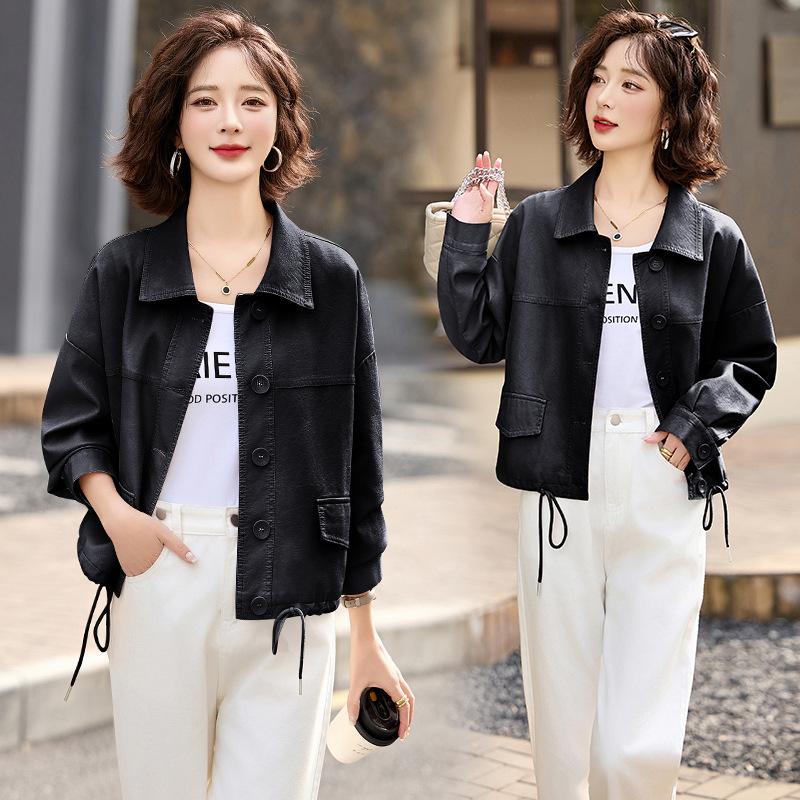 

Винтажная кожаная куртка куртка женская весна и осень новый дизайн одежда в стиле локомотив дизайн топ 2XL чёрный