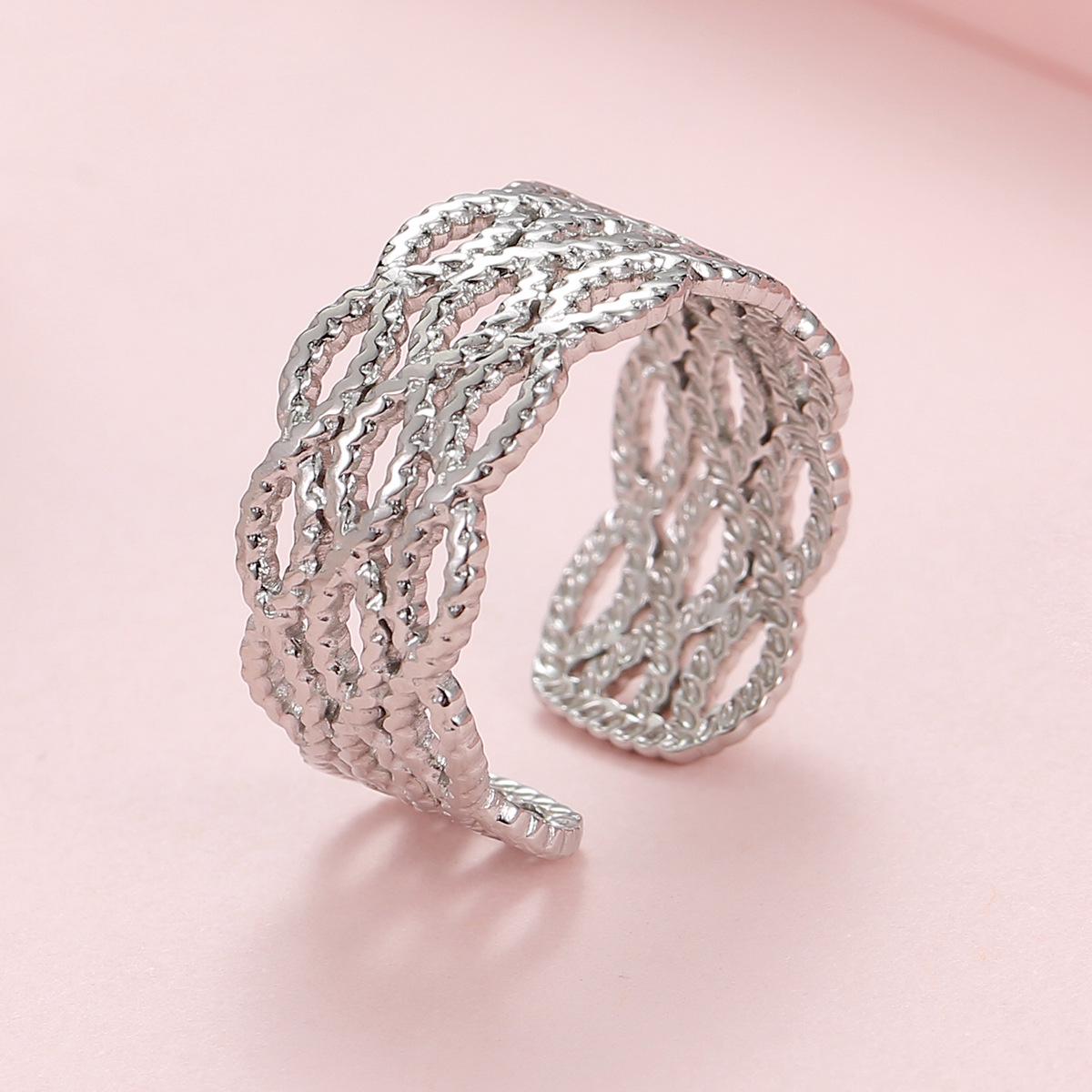 Elegant Retro Cable Knit Open Adjustable Stainless Steel Ring for Women