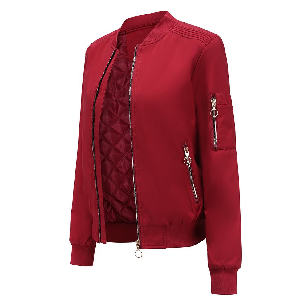 Women's Spring and Autumn Jacket Long-sleeved Zipper Side Pockets Casual Thin Bomber Jacket