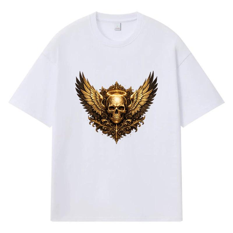 2026 Skull With Wings And Halo Printed Graphic Y2k Harajuku Streetwear 100% Cotton T Shirt Casual Oversized Summer Men T-shirt