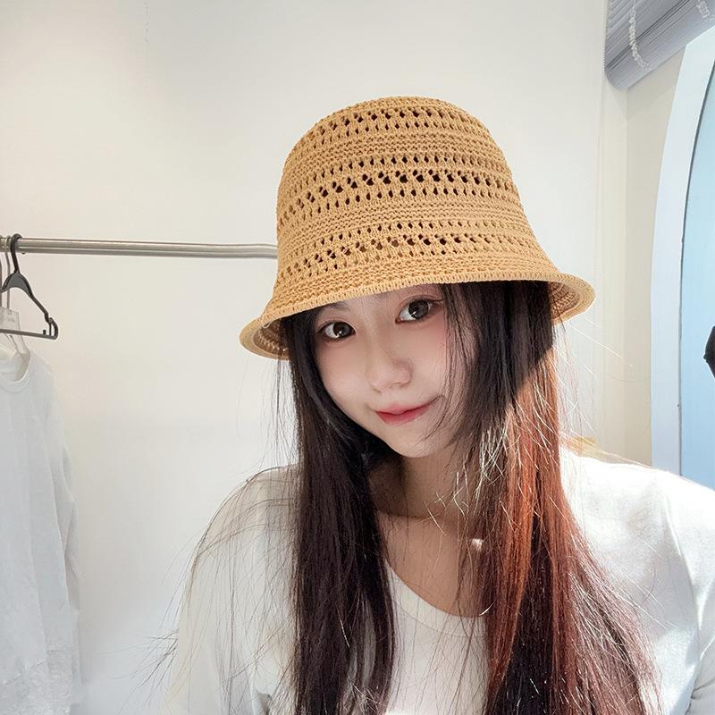 

Solid color hollow knitted fisherman s hat children spring and summer face small versatile breathable bucket hat outdoor sun hat