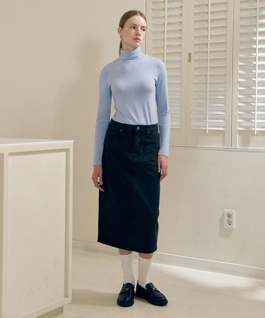 BASIC HOUSE Women'S Stretch Turtleneck Long Sleeve T-Shirt Blue Lats0218