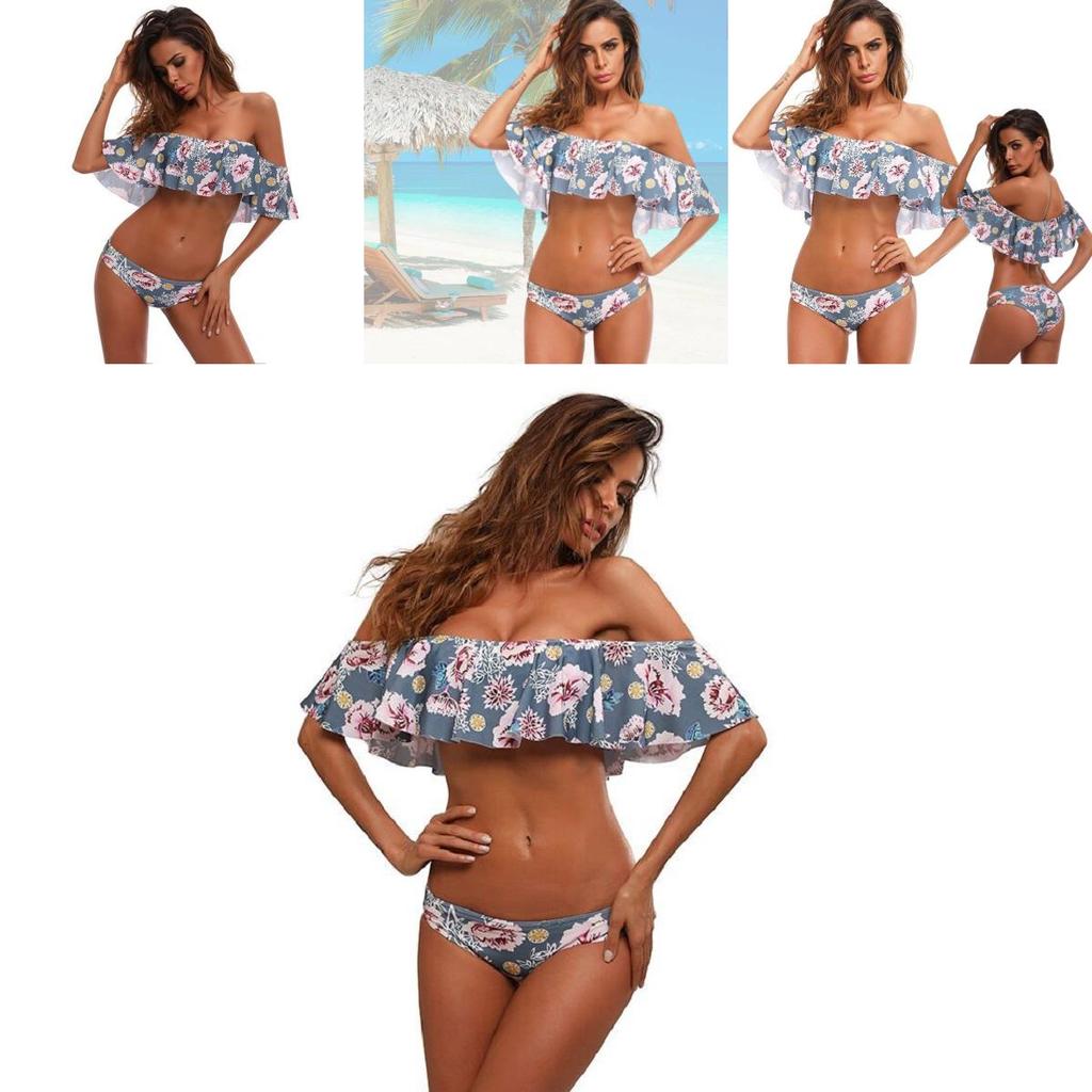 Sexy schulterfreier Bikini mit Rüschenkanten und floralen Akzenten Hochwertiges Polyester-Material