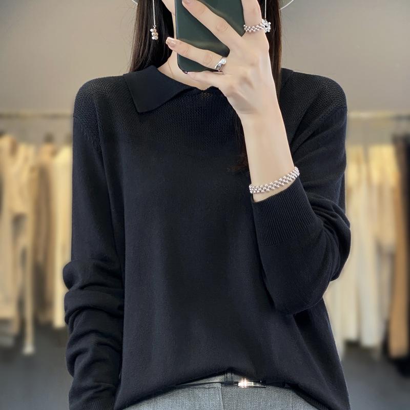 GMXIA Autumn and Winter Knitted Sweater, Women's POLO Neck Solid Color Long-sleeved Sweater, Loose Solid Color Knitted Base Layer