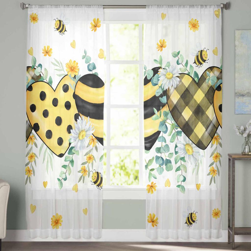 Watercolor Bees Eucalyptus Leaves Daisy Flowers Window Tulle Curtains for Living Room Hotel Luxury Decoration Sheer Curtains