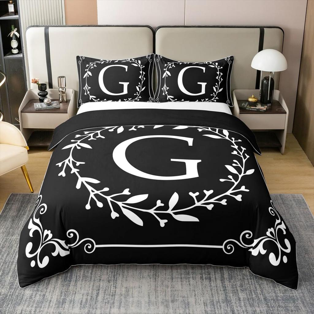 Initial Letter Z Twin Queen Duvet Cover Black And White Bedding Set Boho Floral Leaves Comforter Cover Gifts For Adult Girls