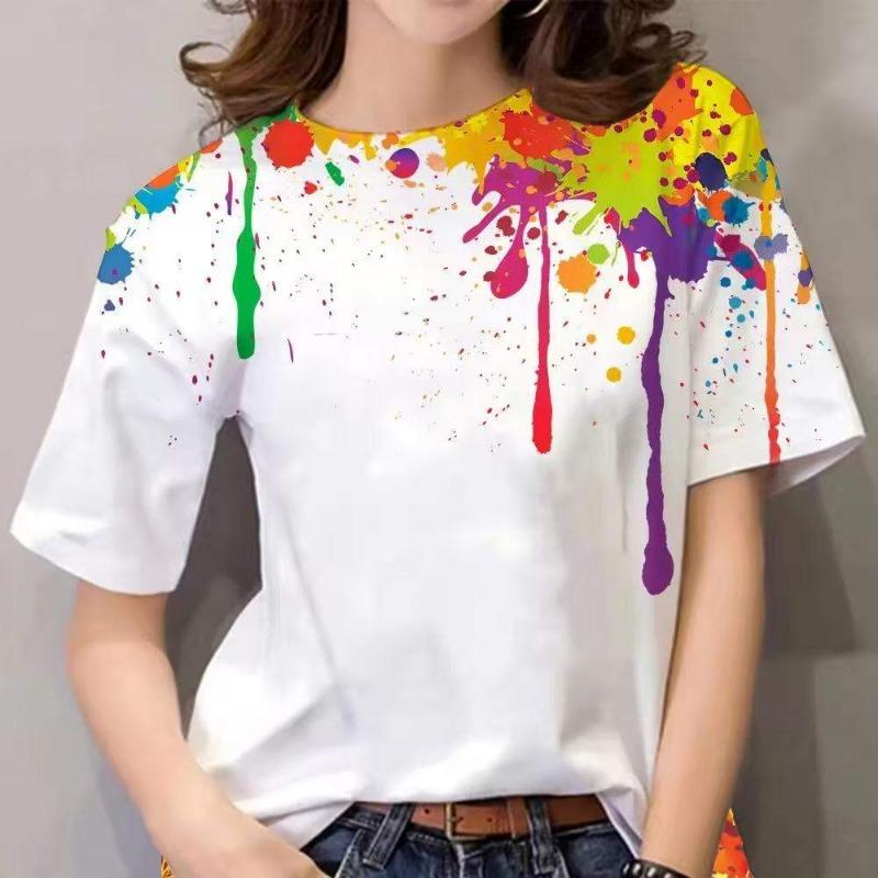 New Arrival Street Style Rainbow 3D Digital Print Short Sleeve T-Shirt Women's Fashionable round Neck Top plus Size INS