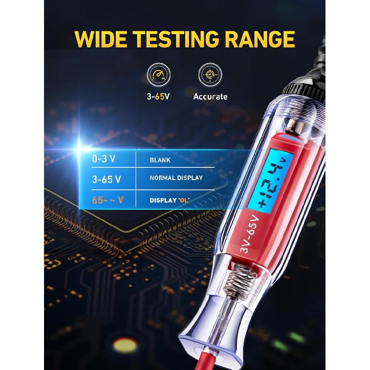 Heavy Duty 3-65V Backlit Digital LCD Circuit Tester, Test Light With 140 Inch Extended Spring Wire, Car Truck Low Voltage & Light Tester With