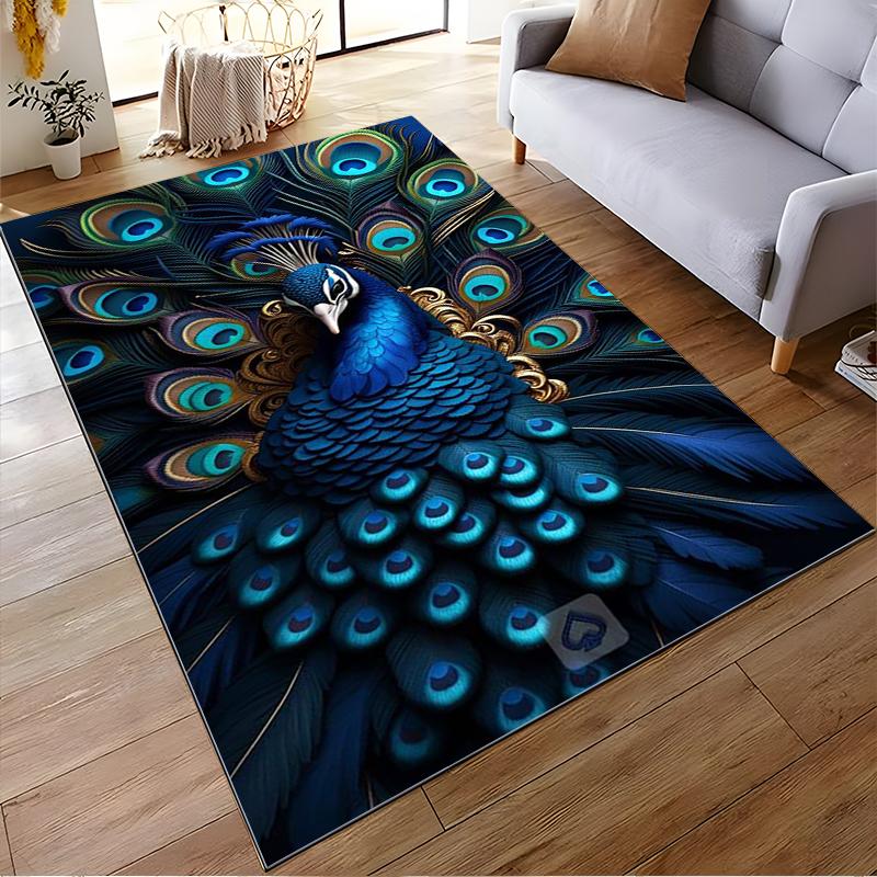Elegant Blue Peacock Feather Design Rug Non-slip Rug Suitable for Living Room and Bedroom Sofas Sofas