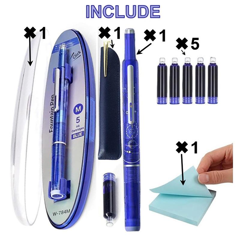 Fountain Pen Retractable 0.38Mmink Medium Nib Transparent Barrel For Calligraphy Includes 5 Refillable Ink Cartridges 1 Pen Case