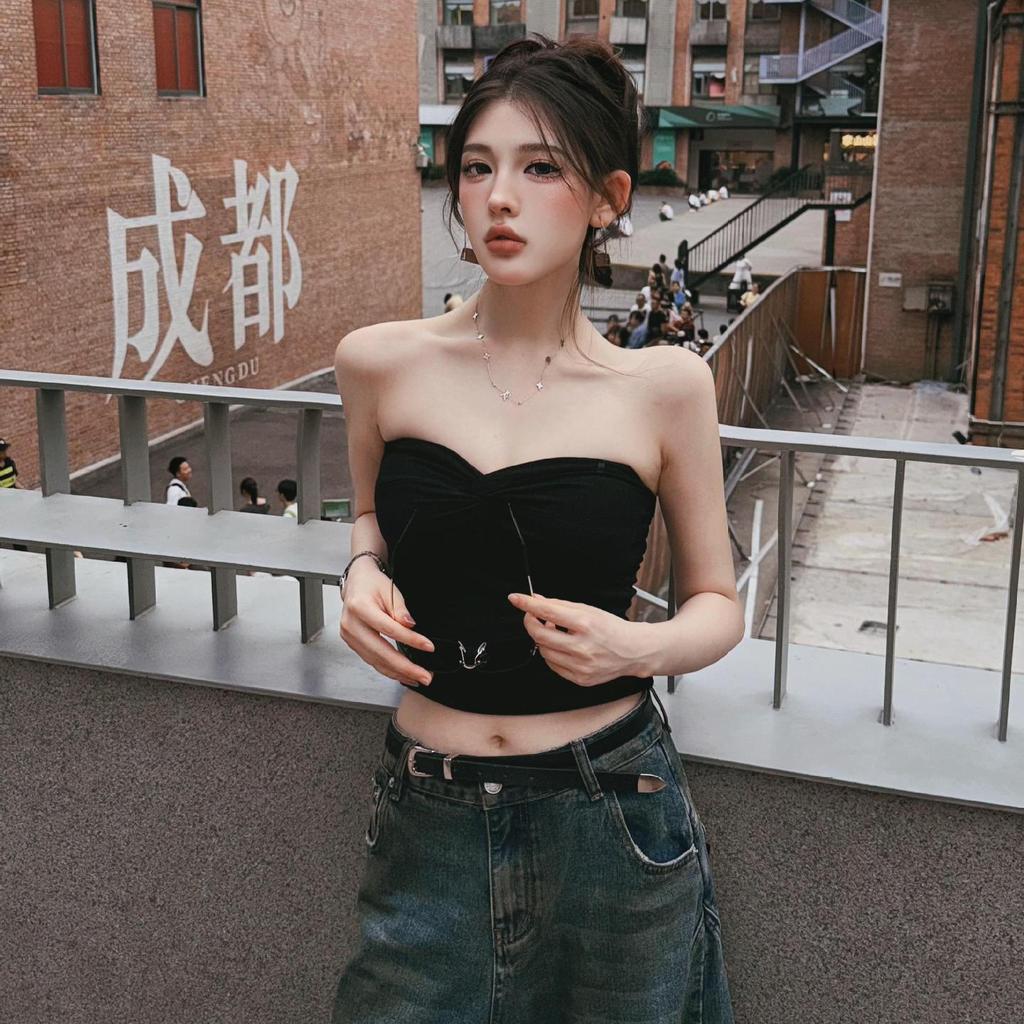 Pure Desire Spice Girl Style Black Kink Design Tube Top Women's Summer Design Sense Versatile Slim and Thin Casual Top