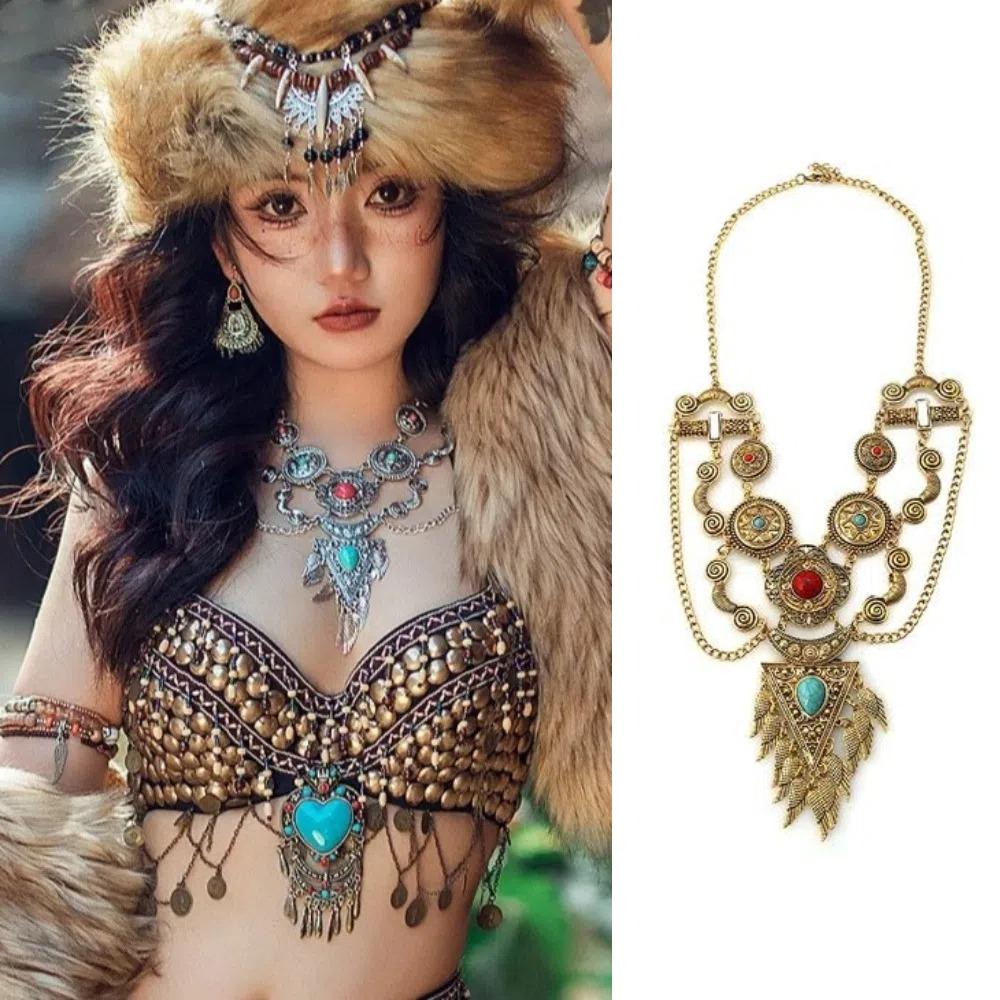 Colorful Stone Ethnic Style Necklace Geometric Sweater Chains Bohemia Tassel Necklace  Festival