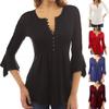 Women Summer Casual Solid Color Button Flared Sleeves T-shirt Top Blouse