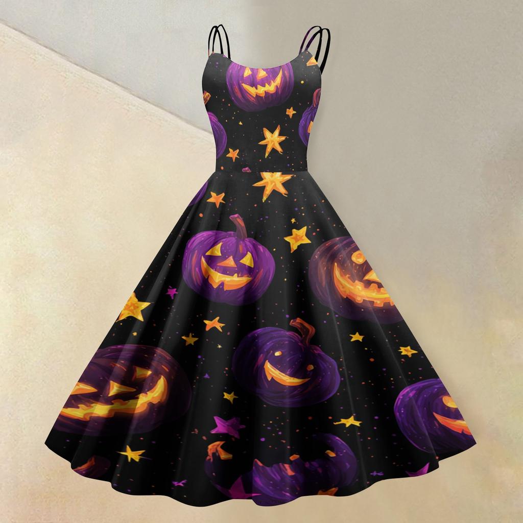 Women's Sleeveless Casual Dress Halloween Print Round Neck Vintage Style Spaghetti Strap Midi Dress for Daily Wear and Seasonal Events