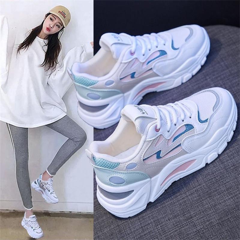 2025 Shoes Female  Spring New Net Shoes Breathable Stripes Hit Color White Sports Walking Flats Shoes for Women