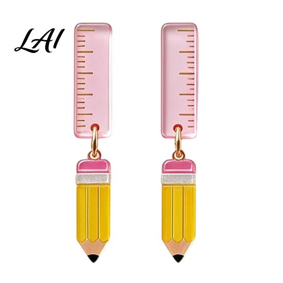 Fun Back to School Jewelry 1 Pair Teacher Earrings for Women Cute 2D Acrylic Crayon Pencil Backpack Appreciation Day Number Alphabet Earrings First