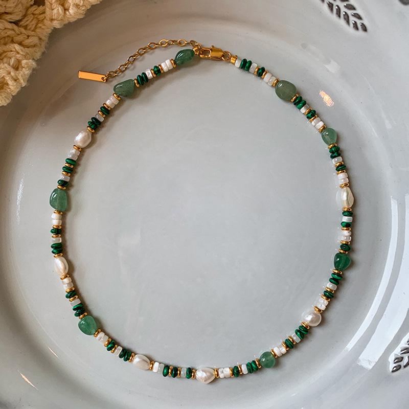 Summer Women's Natural Pearl & Malachite Beaded Necklace - Colorfast Light Luxury Clavicle Chain
