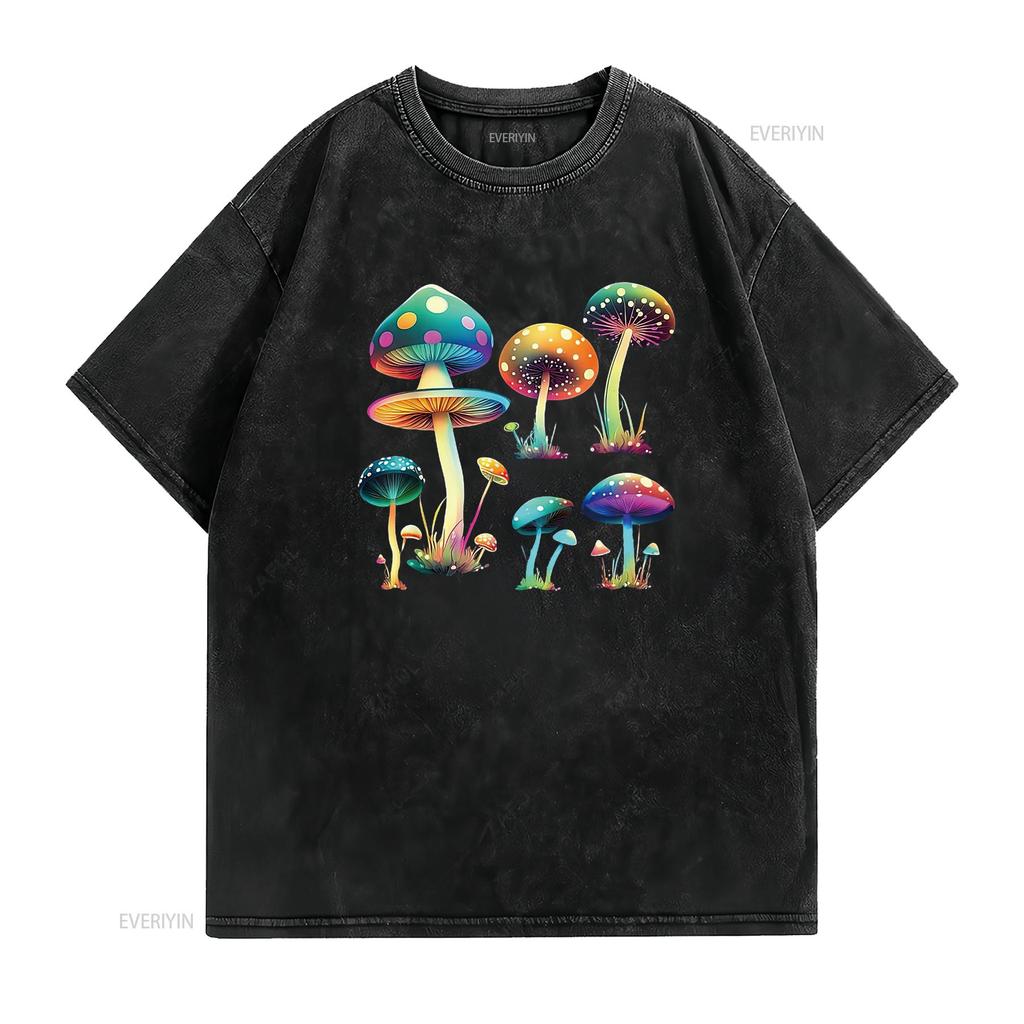 Mushroom Cute Cottagecore Aesthetic Hippie Womens T Shirt Black Vintage Washed Unisex Versatile Breathable Streetwear Fashion