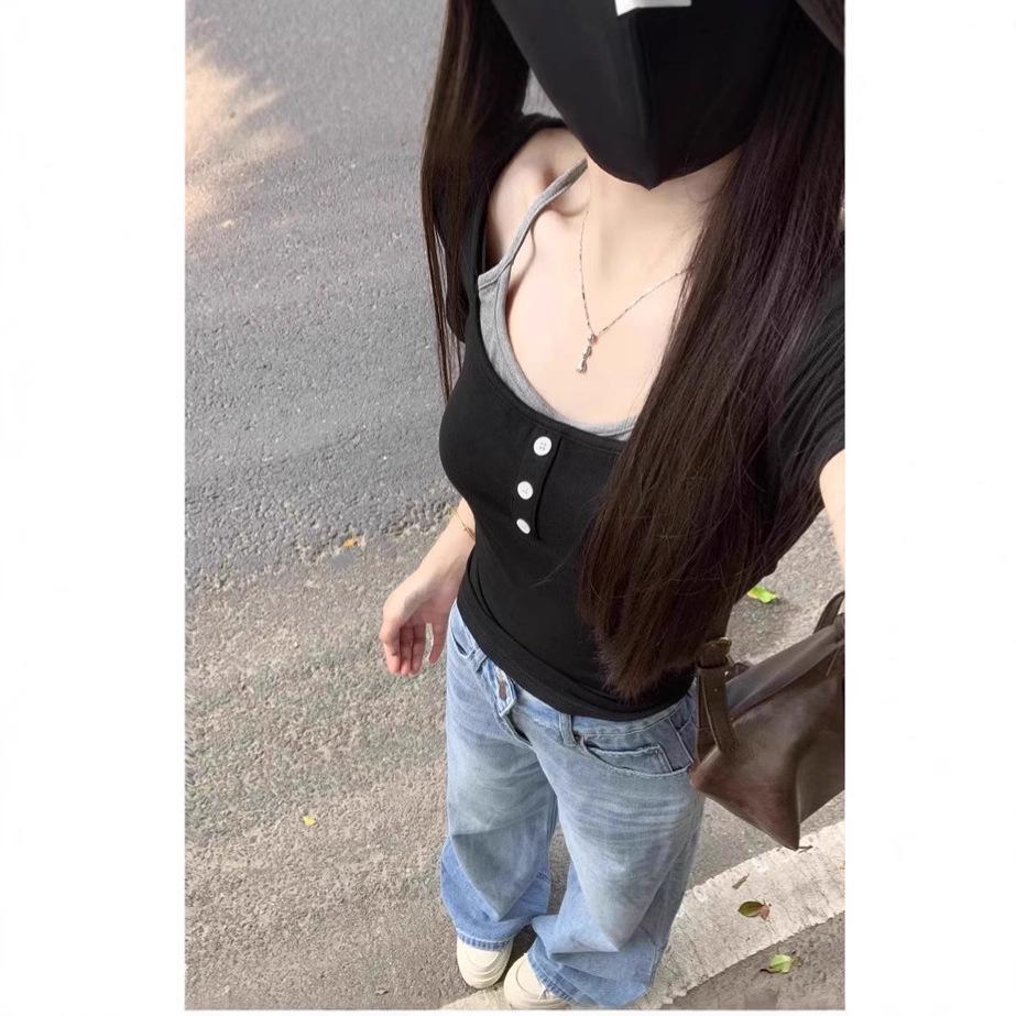 

New Summer 2025 Women s Retro American Halter T-Shirt: Slim Fit, Two-Piece Look, Off-Shoulder, Short-Sleeve M чорний