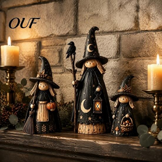 Retro Witch Decorations for Shelves Halloween Wooden Ornaments, Distressed Figurines, Tabletop Indoor Holiday Party Ornaments Decoration with Pumpkin