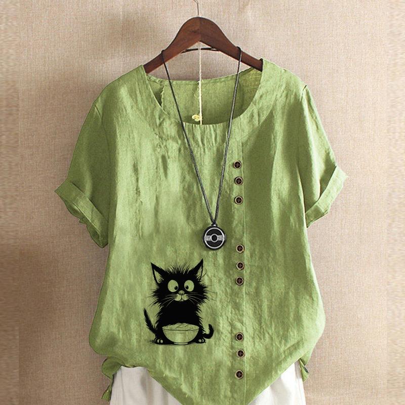 Women's Fashion Black Cat Prined Short Sleeve T-shirt Loose Cotton Shirt Casual Loose Summer Blouse Plus Size Tops