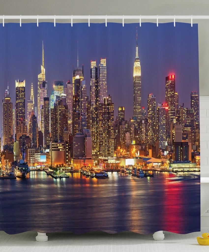 Cityscape Shower Curtain, Modern Skyscraper Skyline Famous Building Bathroom Curtain Waterproof Fabric Shower Curtain With Hooks