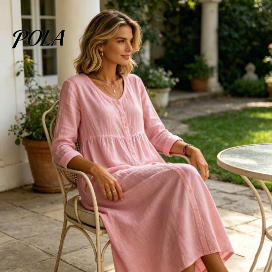 Women Summer Outfit Midi Dress for Women, Button Down Long Sleeve Versatile Party A-line Dress, Casual Loose V Neck Flowy Vacation Outfits Mid-length