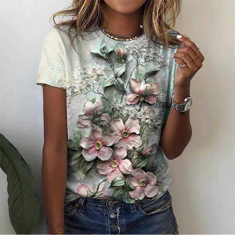 Women's T-Shirt with 3D Flower Print - Summer Short Sleeve
