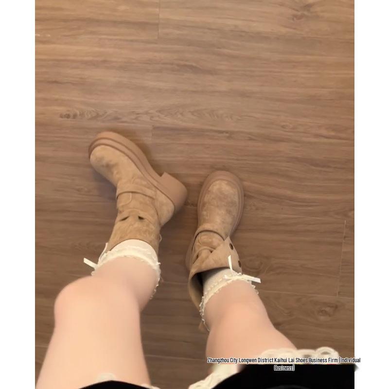 Women's Khaki Ankle Boots with Thick Sole, Chunky Heel, Elastic Slimming Fit, and Two-Way Wear for Spring