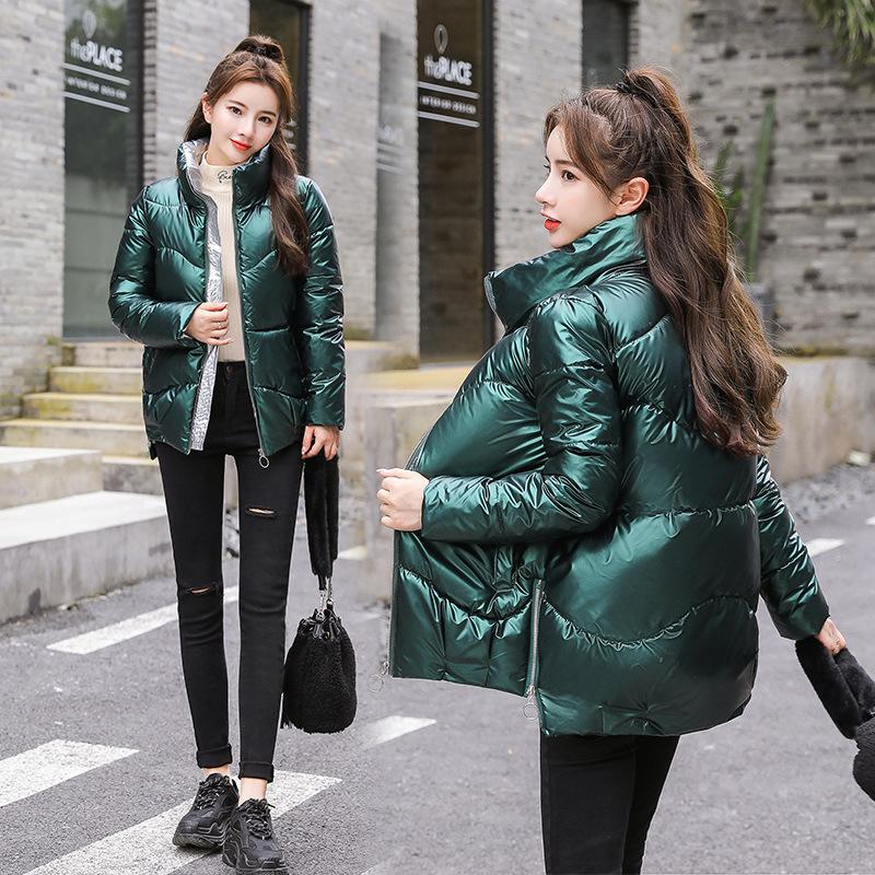 Cotton women's 2025 winter clothes, new stand-up collar, short down cotton clothes, loose shiny bread jackets, padded jackets