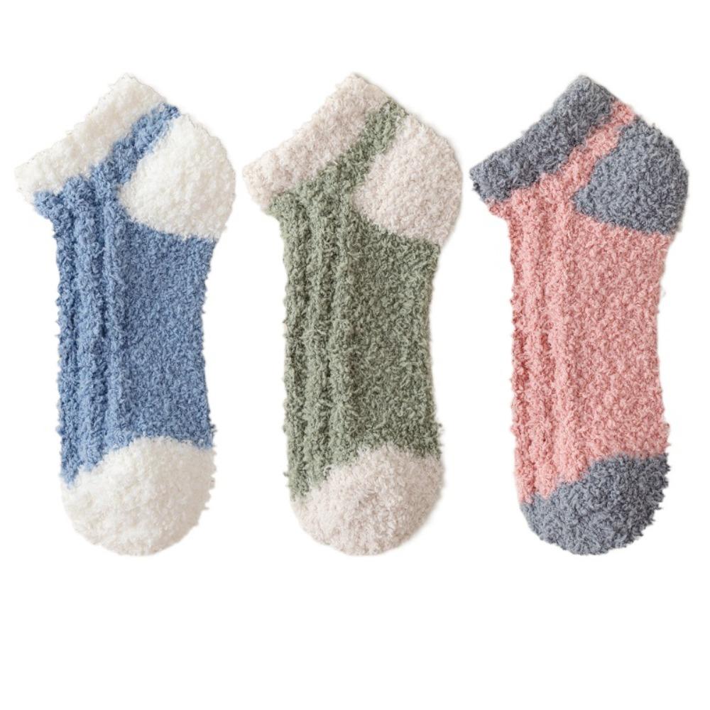 3Pairs Thickened Coral Fleece Socks Patchwork Warm Boat Socks Women Kawaii Floor Plush Socks  Winter