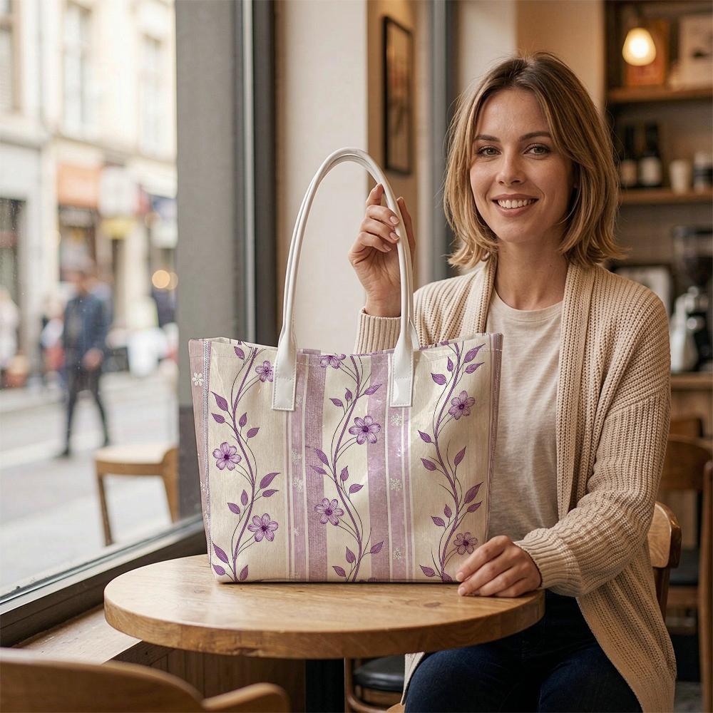 Purple Floral Print Shoulder Tote Lightweight Casual Daily Carry Bag for Women