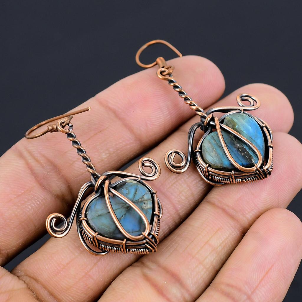 Labradorite 999 Copper Wire Wrapped Earrings, Handmade Gemstone Earrings Jewelry, Gifts For Wife Brand New Earrings