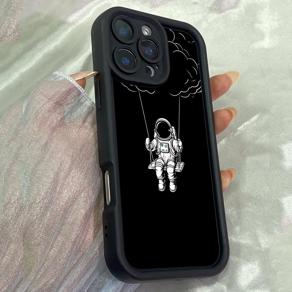 JT72 Black astronaut swings Phone for iPhone 17 16 Pro Max Samsung S26 S25 Ultra A17 A16 A07 A56 Xiaomi 15T Redmi Note 14 Pro Plus Soft TPU Case Cover