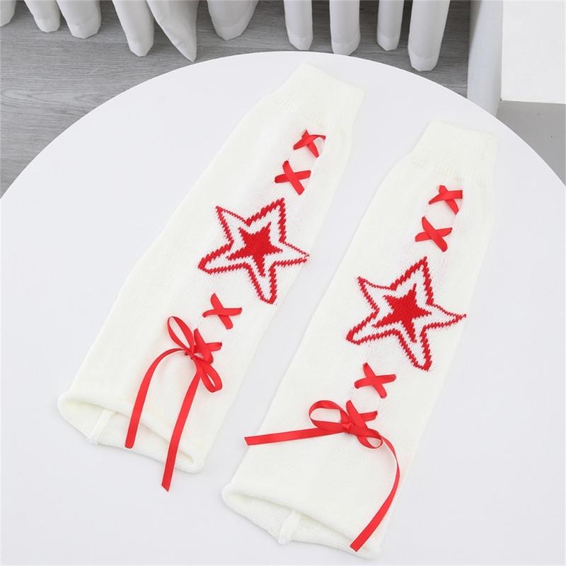 Women's Punk Star Pattern Knitted Leg Warmers with Ribbon Bows Flared Boot Covers Knee Length Socks Japanese Streetwear