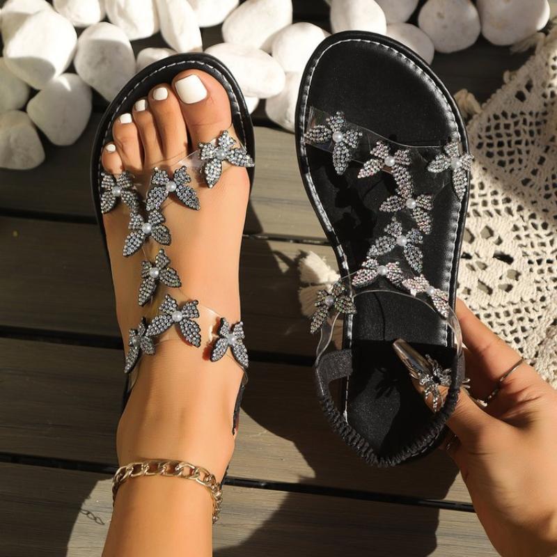 Große Damenschuhe Sommer Neu Strass Schmetterling Flache Schuhe Mode Transparente Ein-Wort-Sandalen