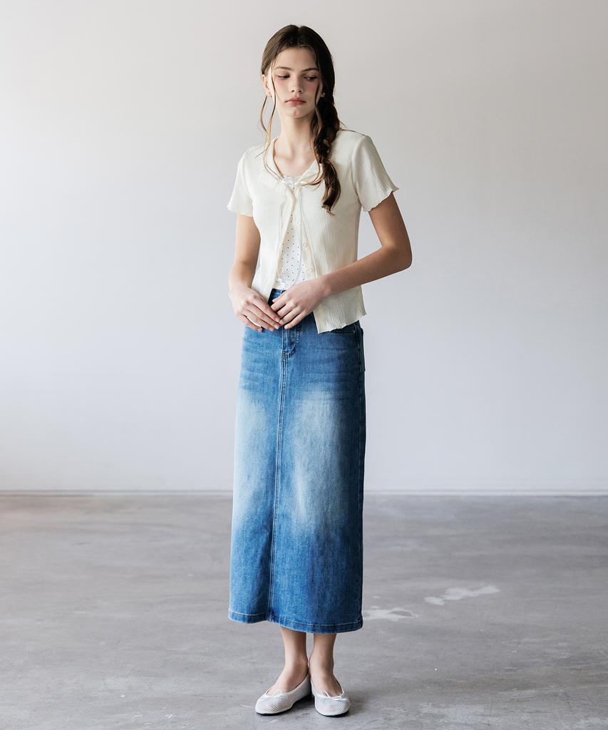 HYFVE Cotton Back Slit Washed Denim Long Skirt