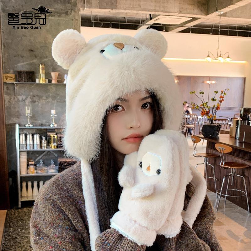 Winter plush cute bear gloves hat women's windproof and warm ear protection pullover hat versatile and small face
