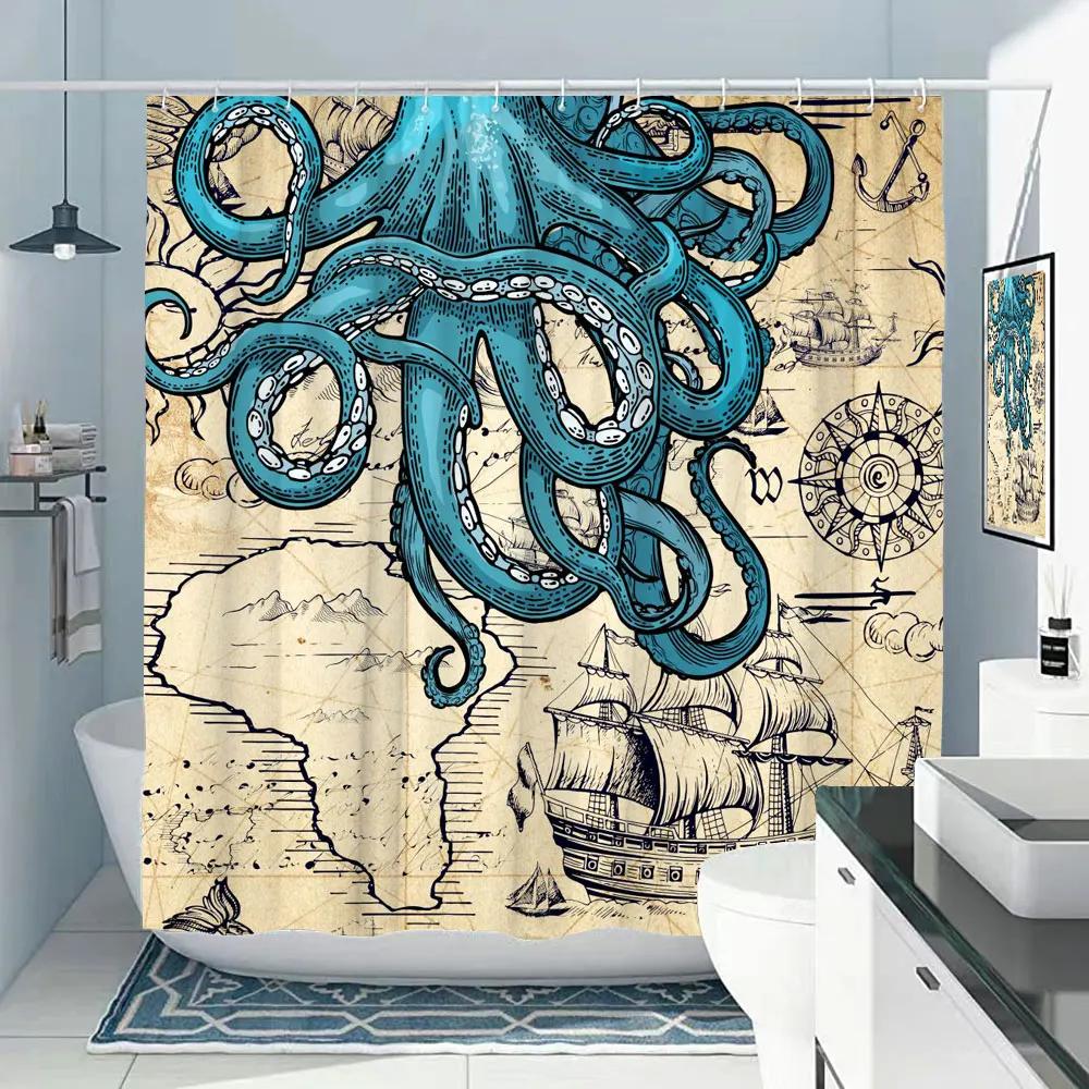 Octopus Shower Curtain Nautical Ocean Sea Turtle Beach Coastal Blue Fish Seashell Jellyfish Fabric Bath Curtains Bathroom Decor