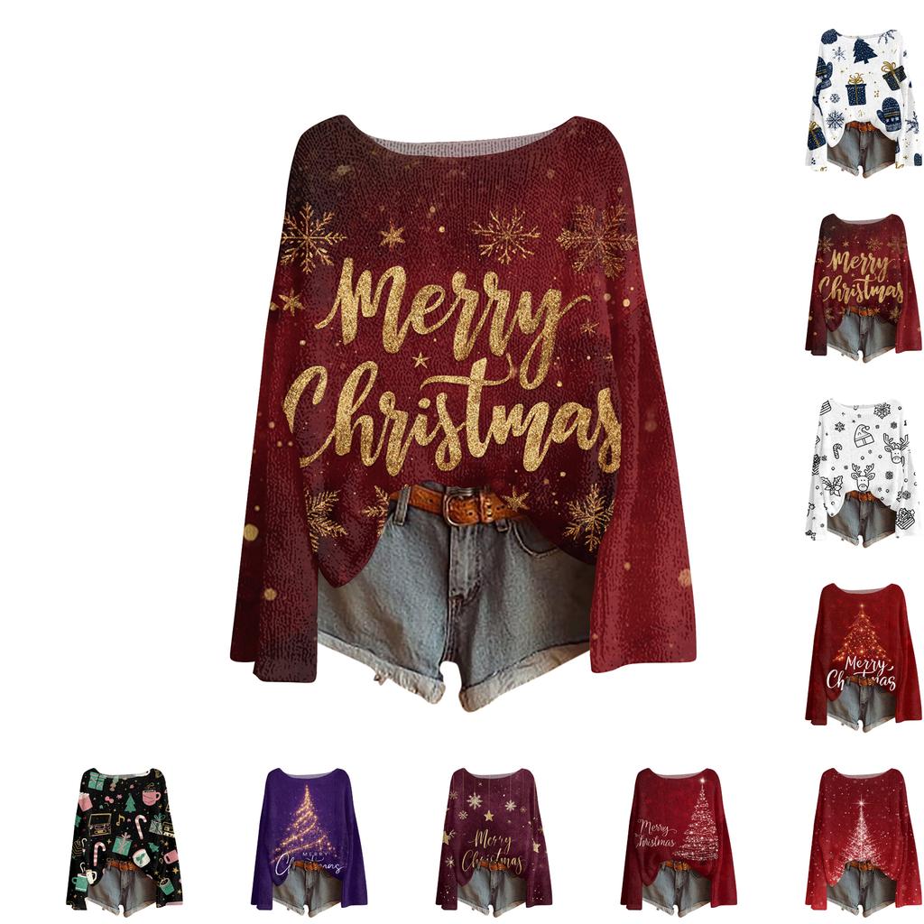 Women's Round Neck Lightweight Sweater Casual Long Sleeve Christmas Print Knit Pullover