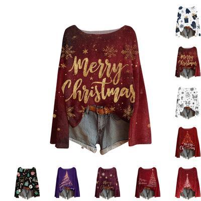 Women's Round Neck Lightweight Sweater Casual Long Sleeve Christmas Print Knit Pullover