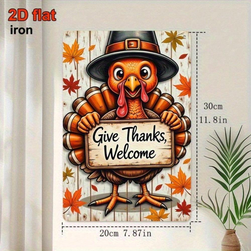 1pc Vintage Turkey Metal Wall Sign, Rustic Give Thanks Welcome Plaque, Smiling Turkey Autumn Leaves Thanksgiving Decor