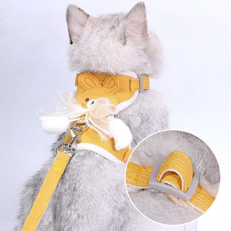 bow pet chest harness leash 2-piece set, comfortable breathable mesh cat chest harness, anti-escape dog chest harness