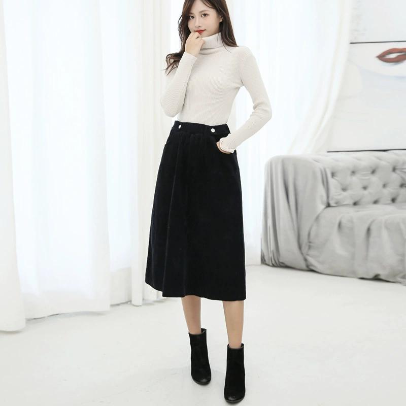 Plus Size Women Skirts Female Autumn Elastic Basic Corduroy High Slit Oversize Fashion Japanese Dress