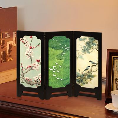 Mini Paravent Floral Pliant Rustique 3 Panneaux Cloisons de Pièce Style Chinois Vintage Paravent de Bureau Ornements Feng Shui pour Décor de Table Maison Bureau