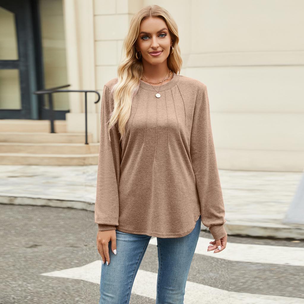 Women's Fall Casual Long Sleeve Top Crew Neck Pleated Loose Fit Fashion Daily Wear Tunic Blouse