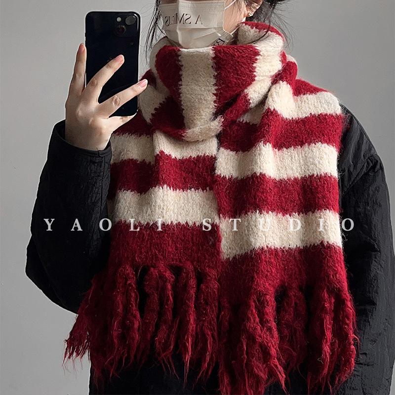 British Retro Red Rice Contrast Striped Soft Waxy Tassel Knitted Scarf for Women Korean Style Autumn and Winter To Keep Warm and Cold Proof